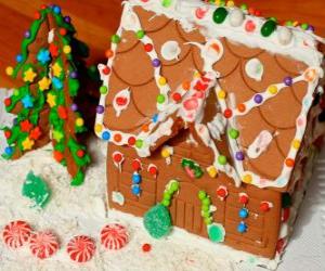Puzzle Γλυκό και όμορφο στολίδι Χριστούγεννα, ένα σπίτι μελόψωμο